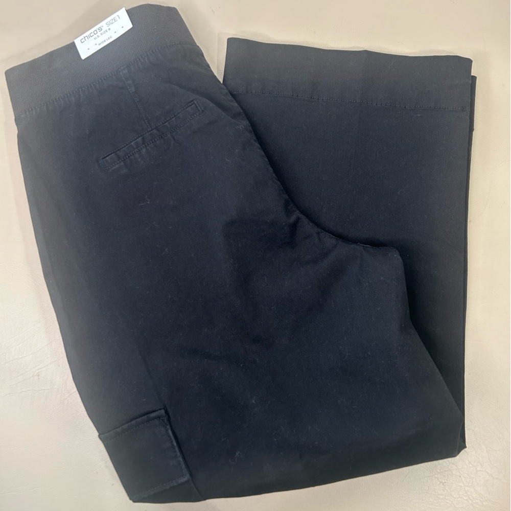 NWT Chico's Black Pull On Cargo Wide Crop Pants Women's Size 1/8